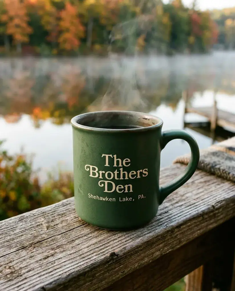 A Brothers Den mug at sunrise on Shehawken Lake — morning coffee on the porch is the couples ritual's vantage point