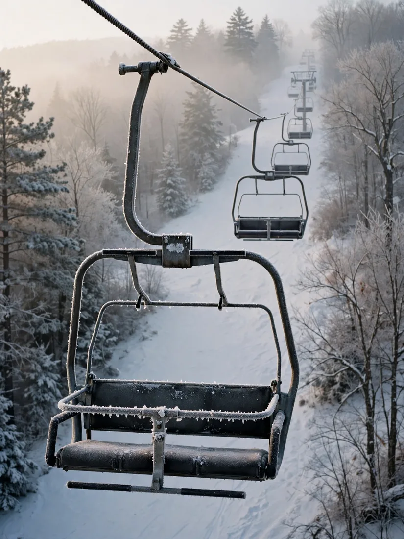 Frost-covered old double chairlift seats rising over a quiet snowy ski slope, the slow-lift trade-off of an independent mountain