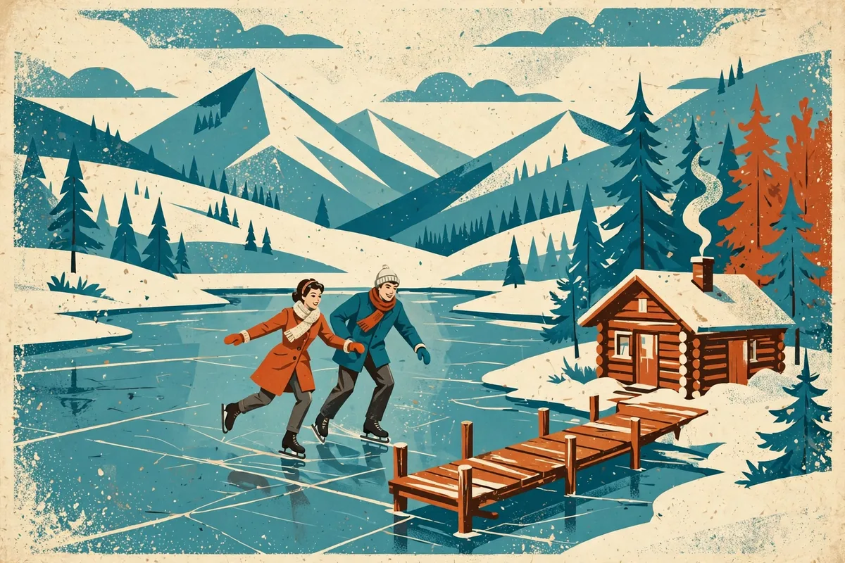 Vintage travel poster style illustration of two people ice skating on a frozen lake beside a wooden dock and cabin