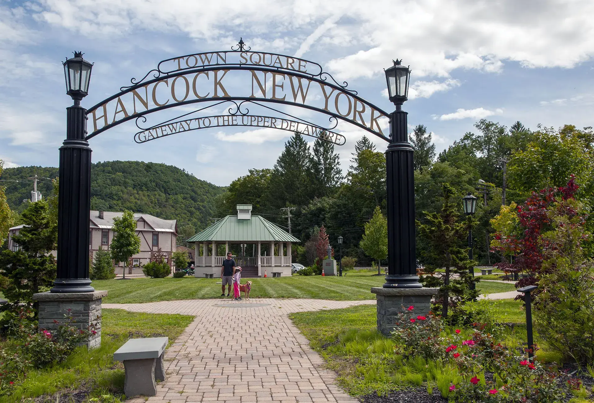 The Hancock, NY Town Square arch reading 'Gateway to the Upper Delaware' — the historic Catskills river town 15 minutes from Shehawken Lake