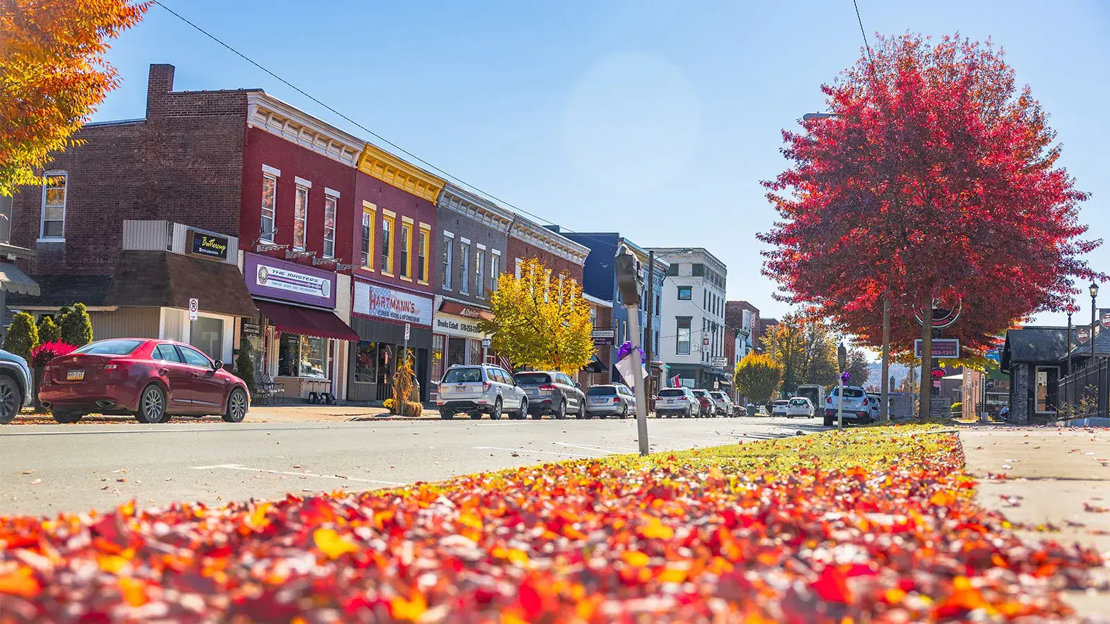 Honesdale in autumn, with hillside foliage above the town center
