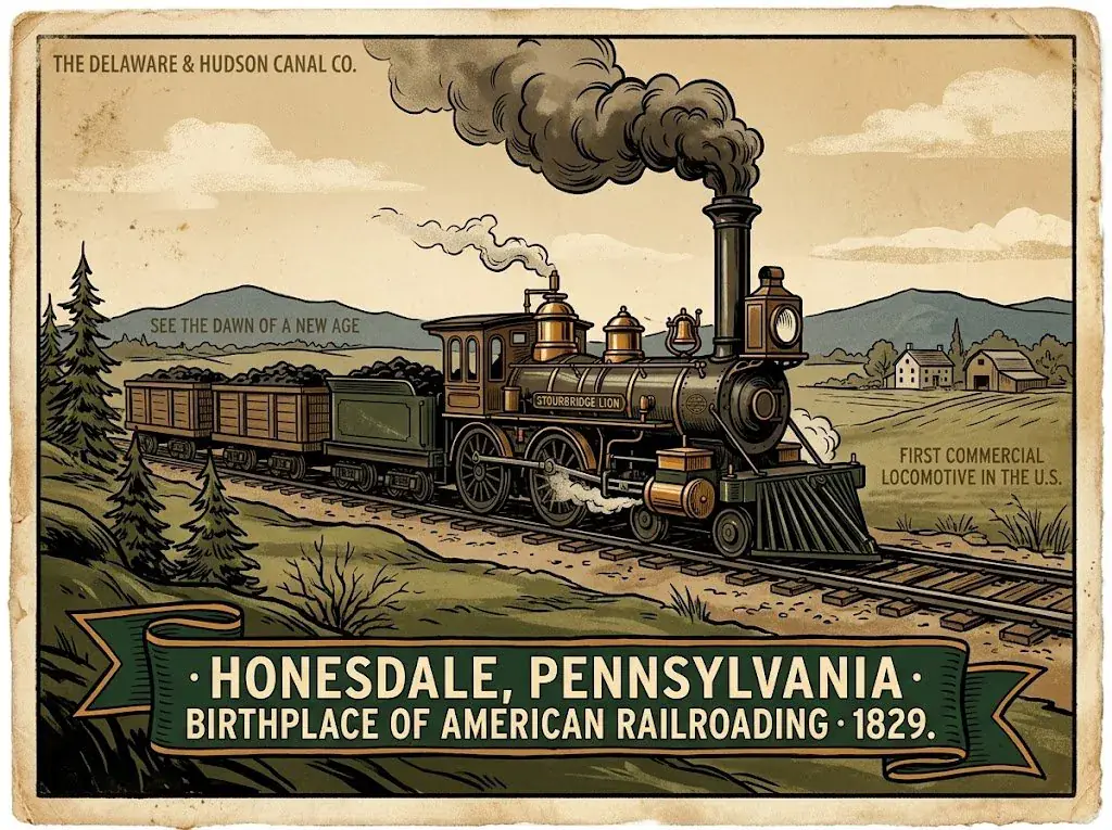 The Stourbridge Lion in Honesdale — birthplace of American railroading, 1829