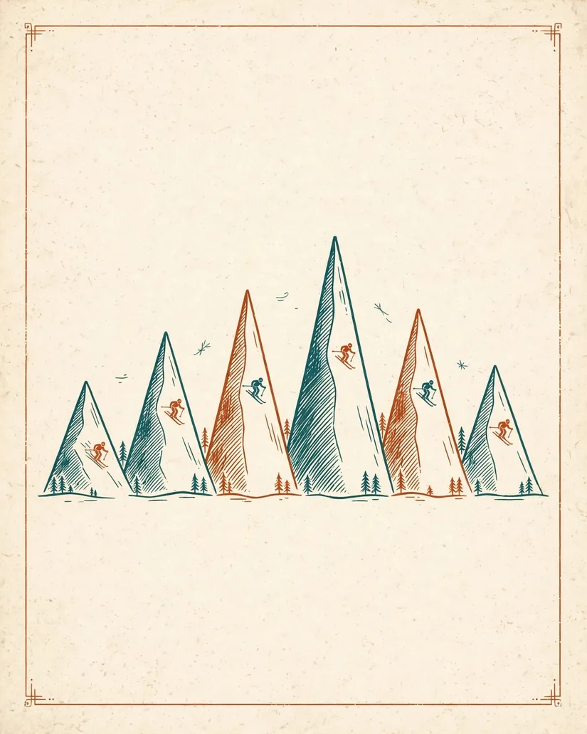 Vintage style illustration of six ski mountains of different sizes with tiny skiers, representing the Poconos ski resorts compared in this ranking