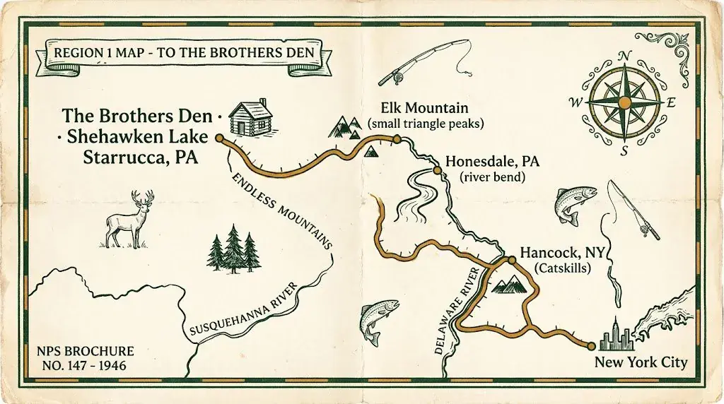 Hand-drawn vintage NPS-style route map from New York City to The Brothers Den at Shehawken Lake, via Hancock and the Endless Mountains