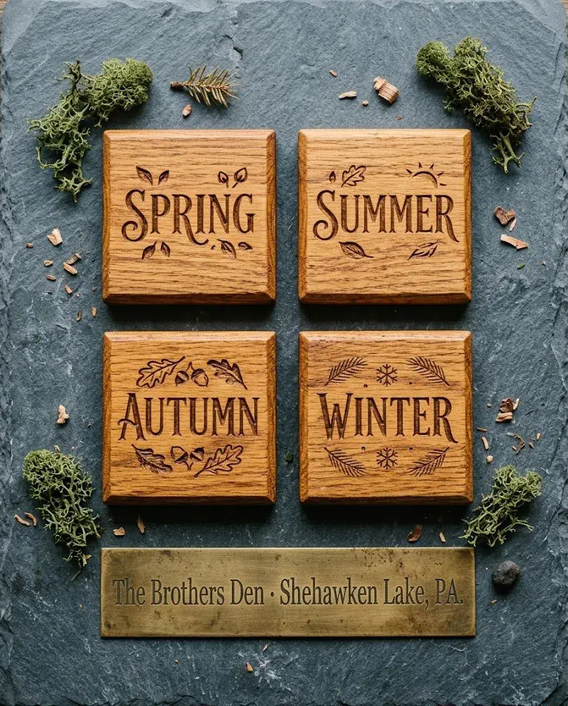 Four seasons engraved on wooden plaques with a brass plate reading 'The Brothers Den · Shehawken Lake, PA' — a year-round Poconos weekend