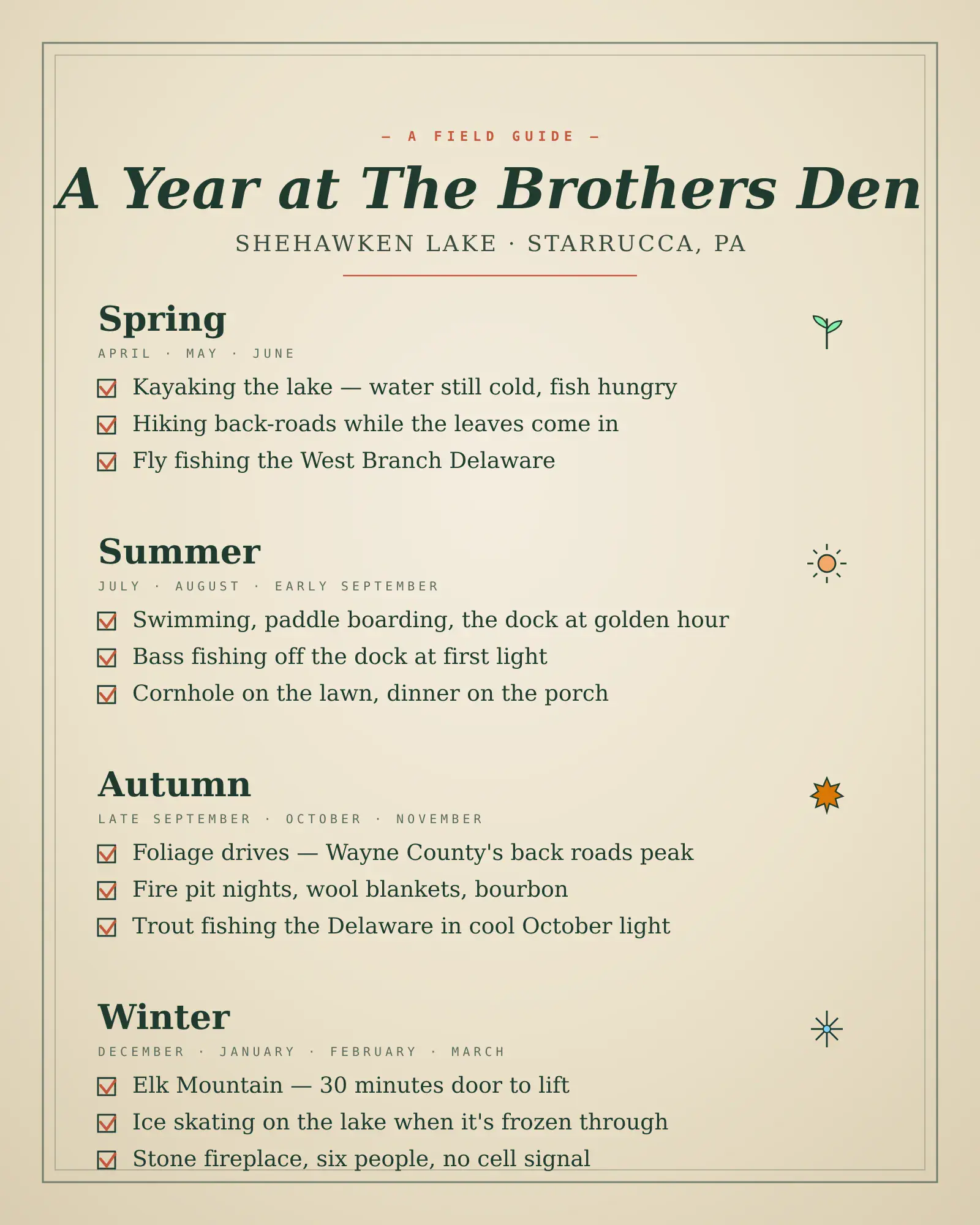A Year at The Brothers Den — illustrated seasonal activity guide for Wayne County and Shehawken Lake