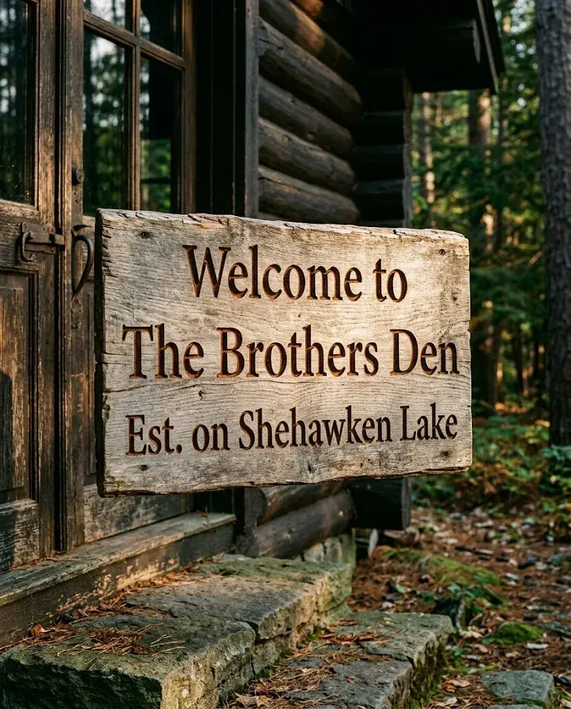 Hand-carved wooden welcome sign reading 'Welcome to The Brothers Den · Est. on Shehawken Lake'